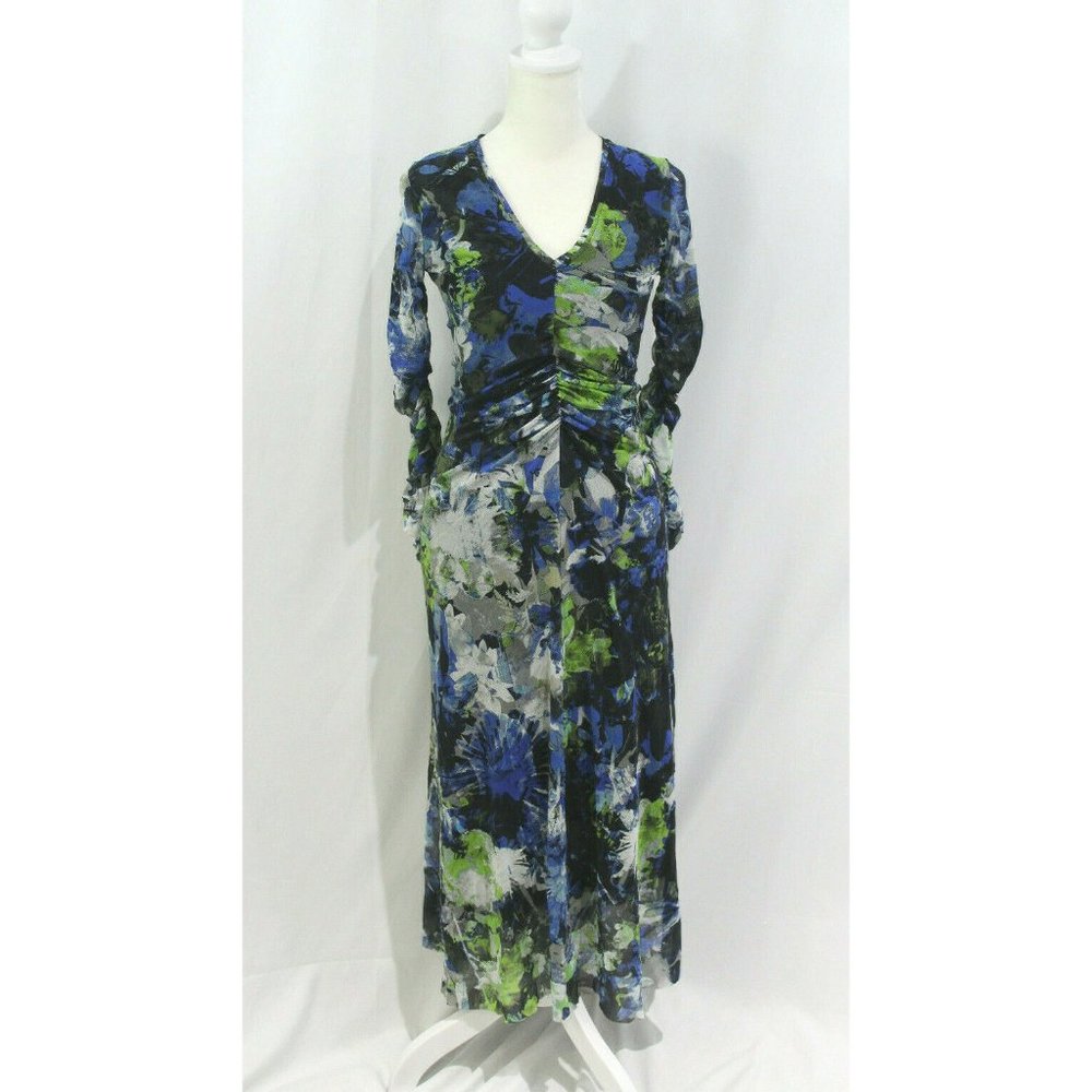 FUZZI $645 Womens Black Multicolor Long Ruched‎ Sleeve V Neck Mesh Dress S NWT
